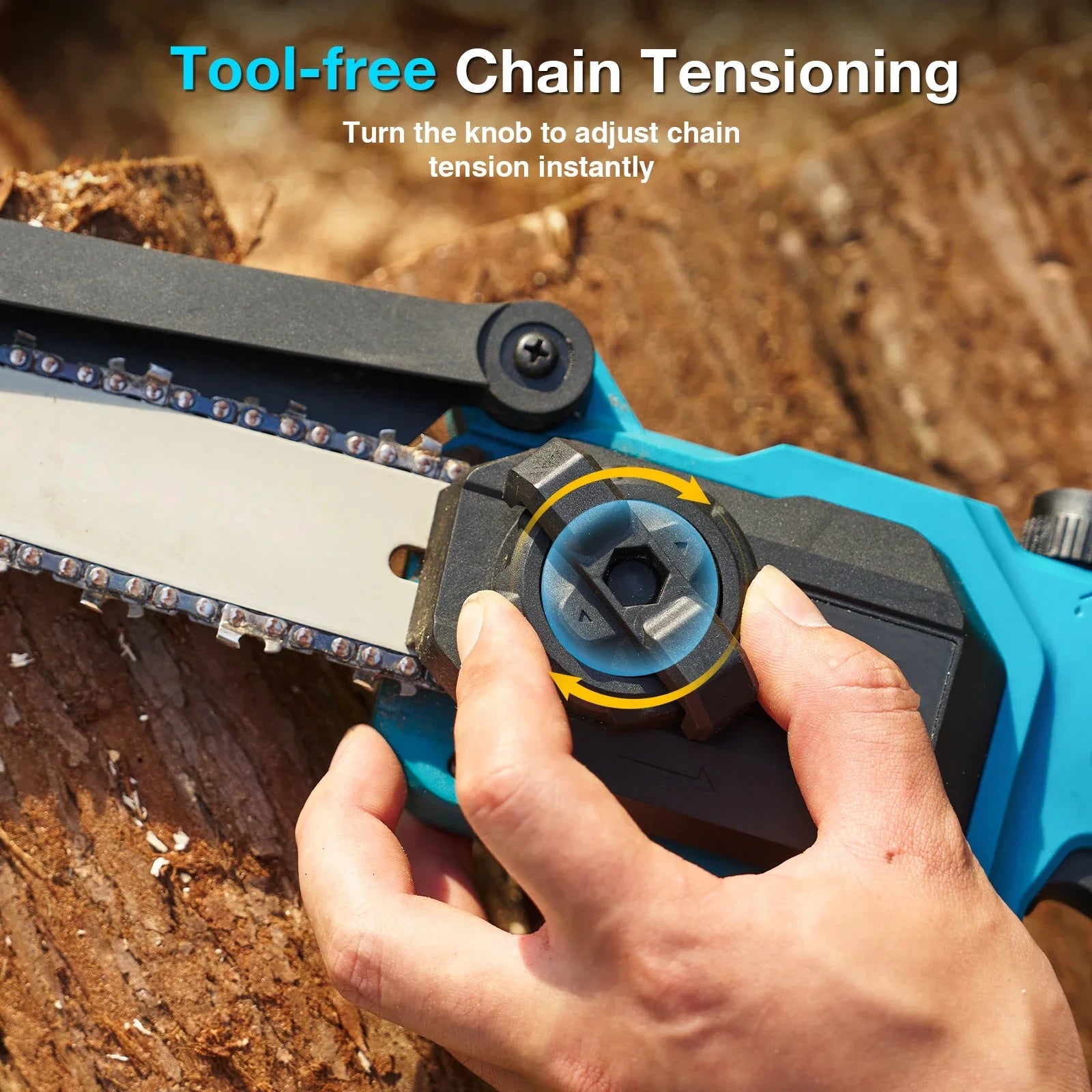 Tool-free chain tensioning on the 8 inch low-kickback bar