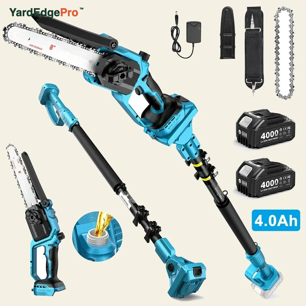 YardEdge Pro cordless pole chainsaw complete kit with two 4.0Ah batteries and charger