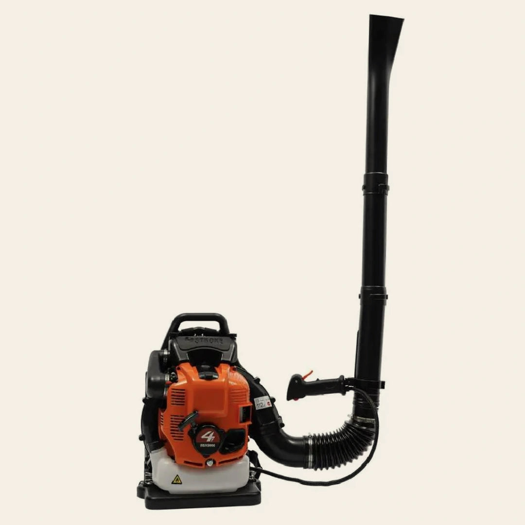 YardEdge Pro 75.6cc 4-stroke gas backpack leaf blower with padded shoulder harness and blower tube