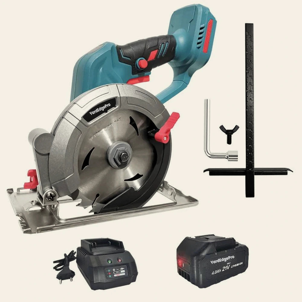 YardEdge Pro cordless circular saw kit with 21V 4.0Ah battery, charger and rip fence