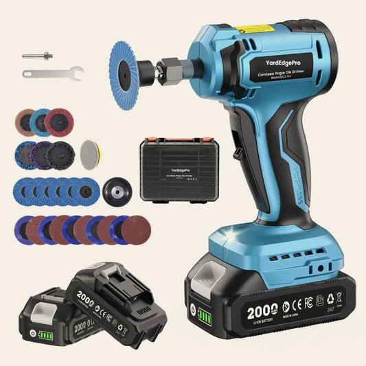 YardEdge Pro cordless angle die grinder 33-piece kit with two 21V batteries, charger, flap and sanding discs and carry case