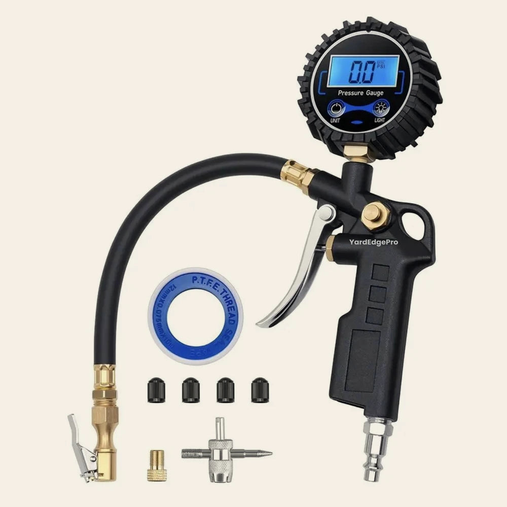 YardEdge Pro digital tire inflator gauge with a 250 PSI display and brass hose connector