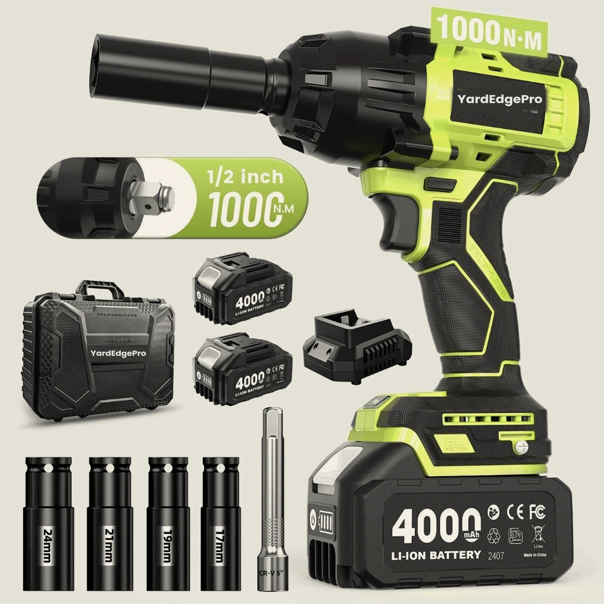 Close-up of the YardEdge Pro 1000 N·m impact wrench showing the three-speed selector and forward-reverse control