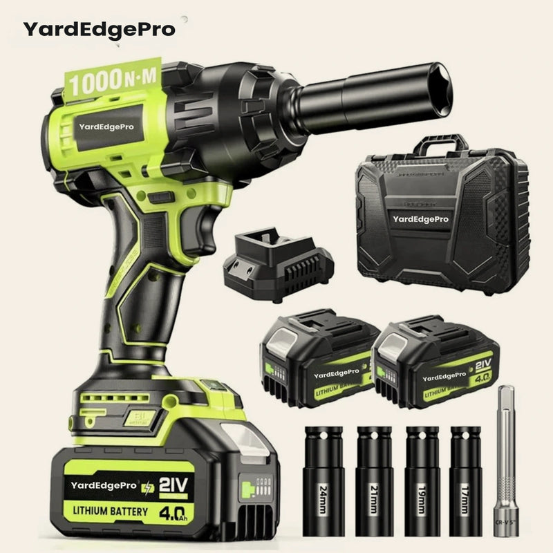 YardEdge Pro 1000 N·m cordless impact wrench with half-inch drive, two 4.0Ah batteries, charger, four impact sockets and carry case