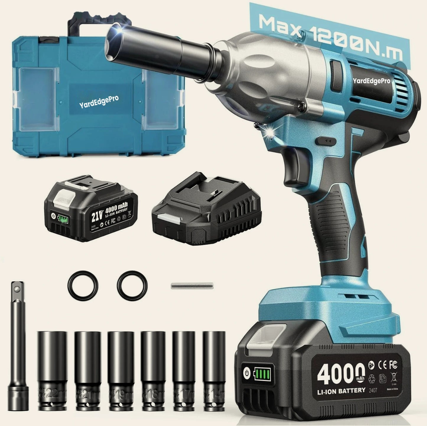 YardEdge Pro 1200 N·m impact wrench kit with 21V 4.0Ah battery, socket set and carry case