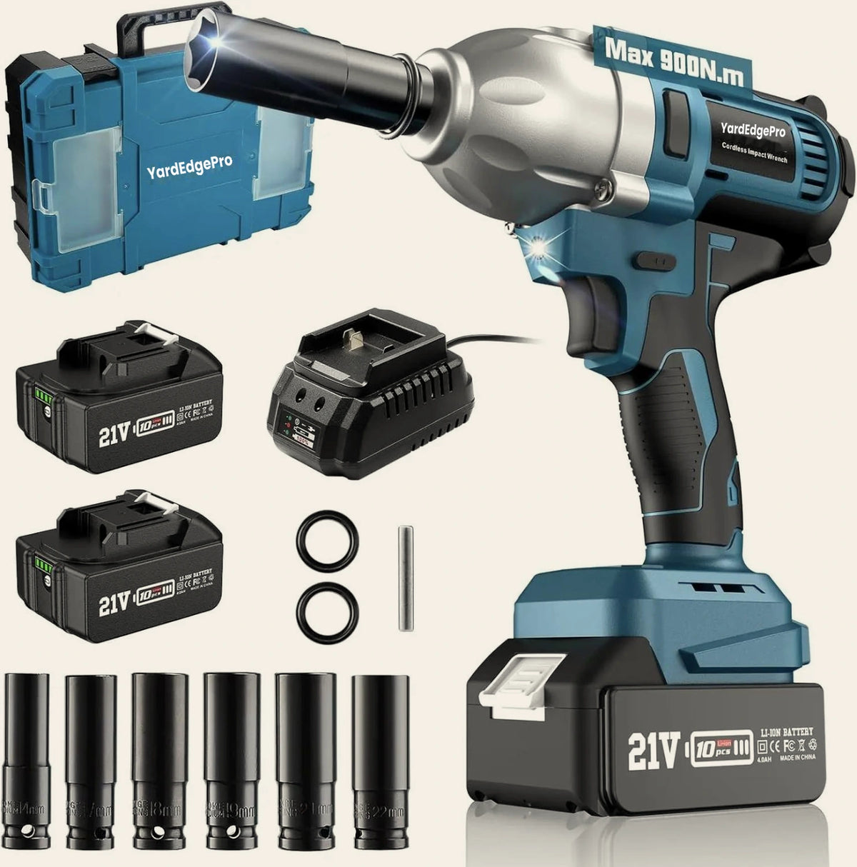 YardEdge Pro 900 N·m brushless cordless impact wrench with 1/2-inch drive and impact socket set