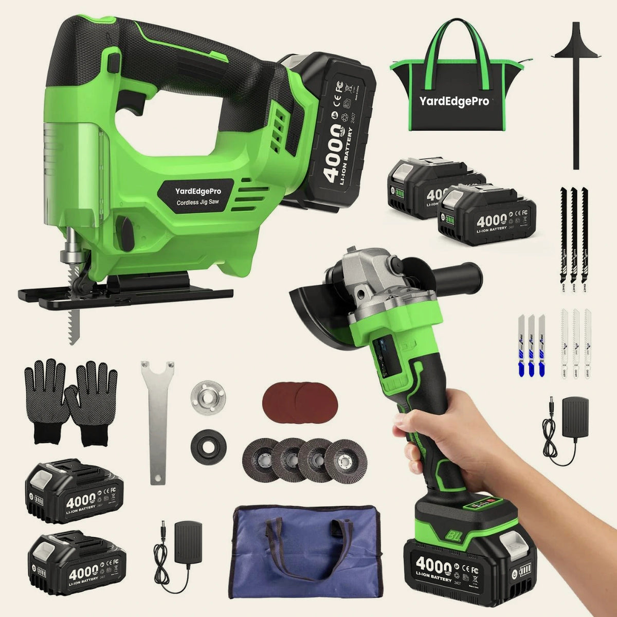YardEdge Pro cordless jigsaw and angle grinder complete kit with batteries, charger, blades, discs, gloves and tool bag