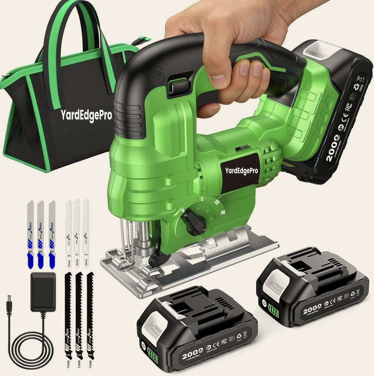 YardEdge Pro brushless cordless jigsaw with two 2.0Ah batteries, fast charger, nine blades and tool bag