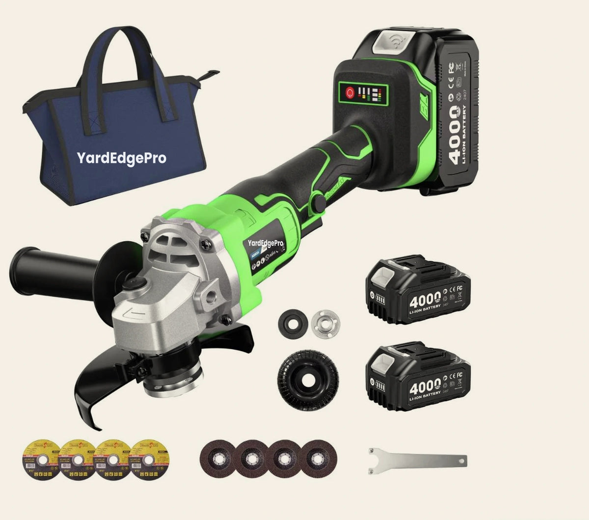 YardEdge Pro brushless cordless angle grinder with two 4.0Ah batteries, cutting discs, flap discs, spanner and tool bag
