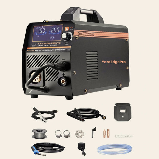 YardEdge Pro MIG-160 synergic inverter welder with LCD display, MIG torch, ground clamp, electrode holder, welding shield and flux-cored wire