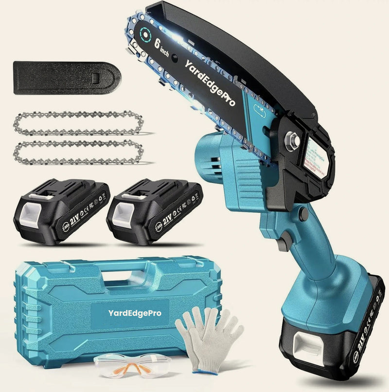 YardEdge Pro cordless mini chainsaw with a 6-inch bar, held in one hand, shown with two batteries and a charger