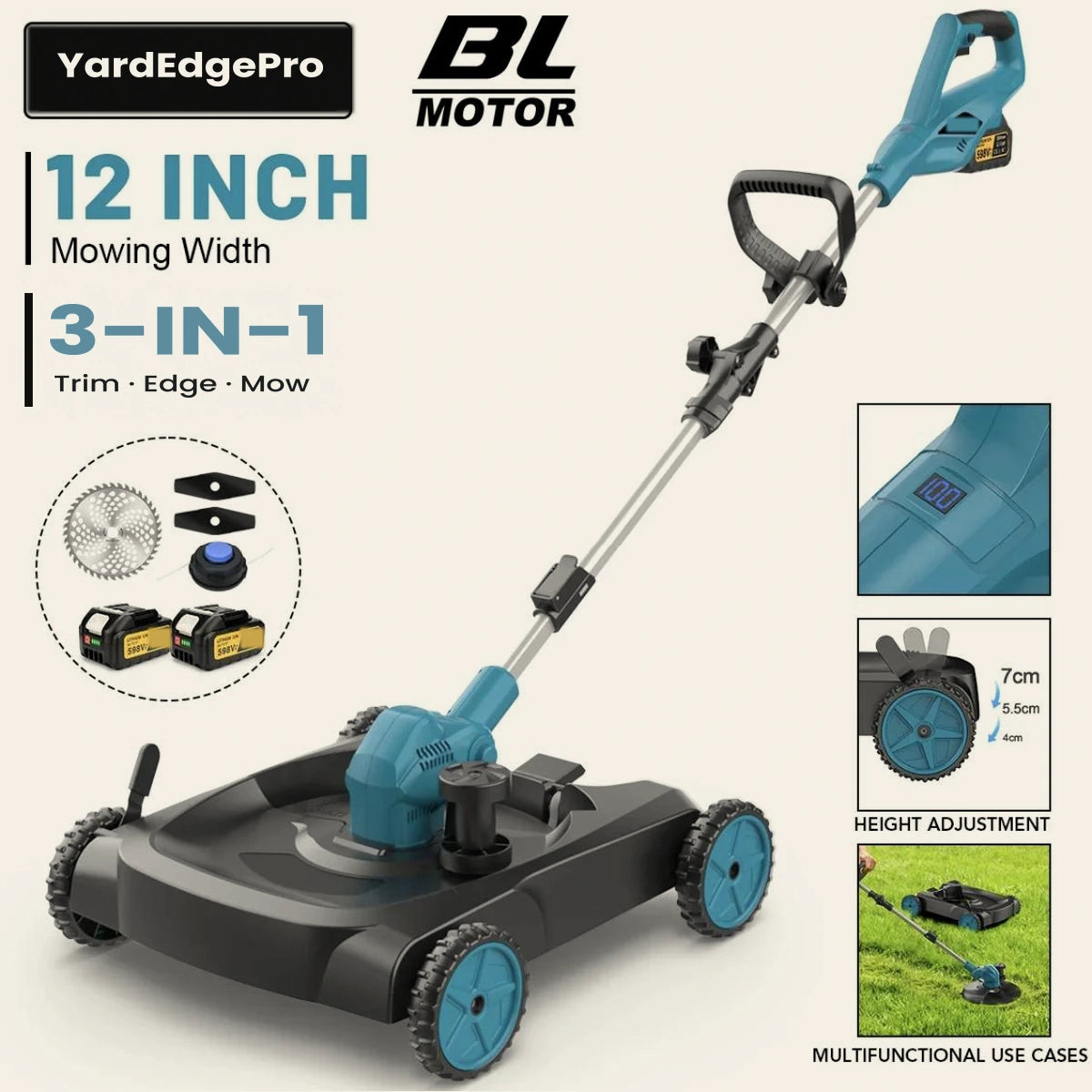 YardEdge Pro 3-in-1 cordless mower and trimmer with a 12-inch cutting width, shown with wheels and grass guard fitted