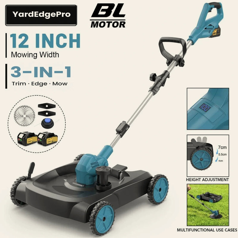 YardEdge Pro 3-in-1 cordless mower and trimmer with a 12-inch cutting width, shown with wheels and grass guard fitted