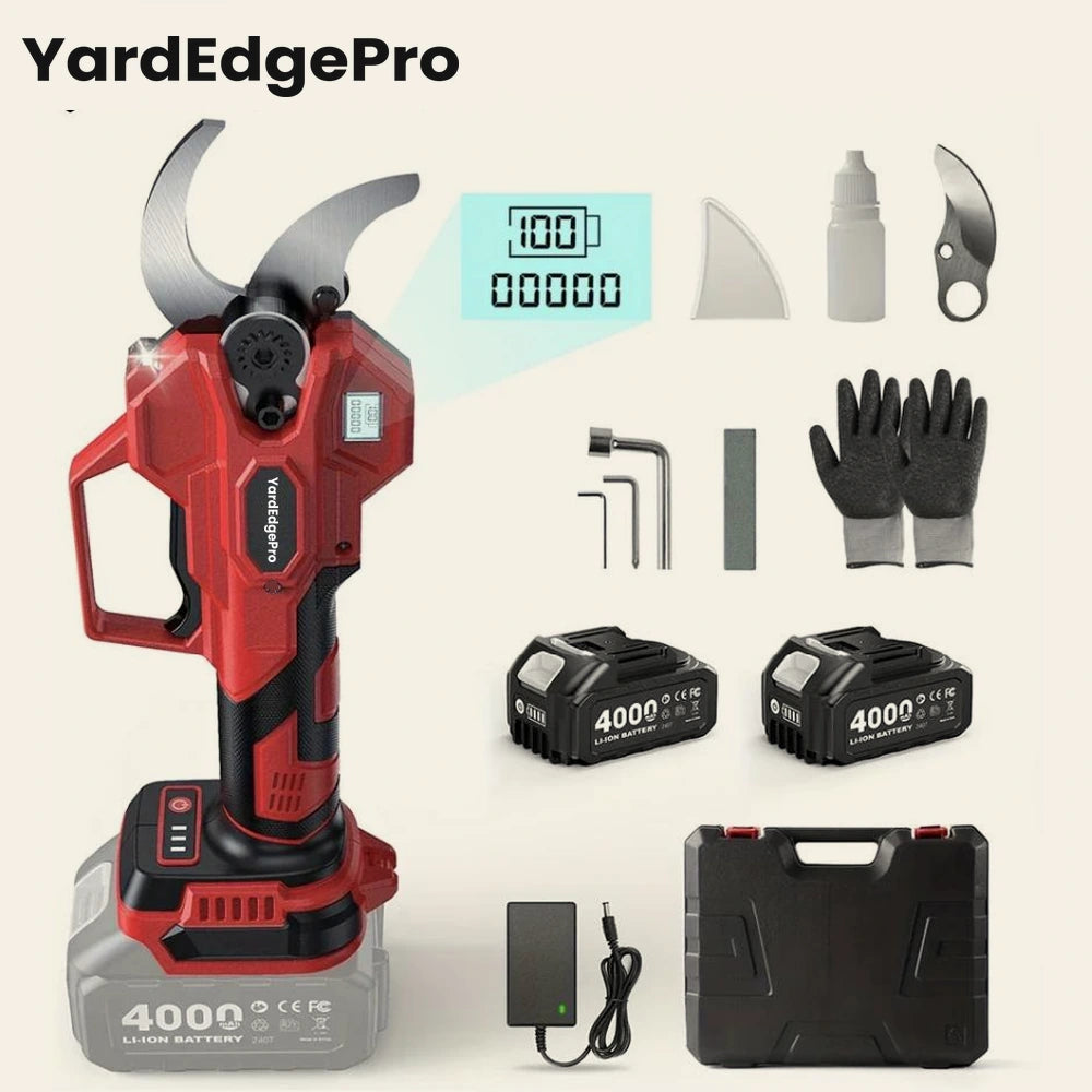 YardEdge Pro cordless pruning shears with SK5 hardened steel blade, two 4000mAh batteries and charger