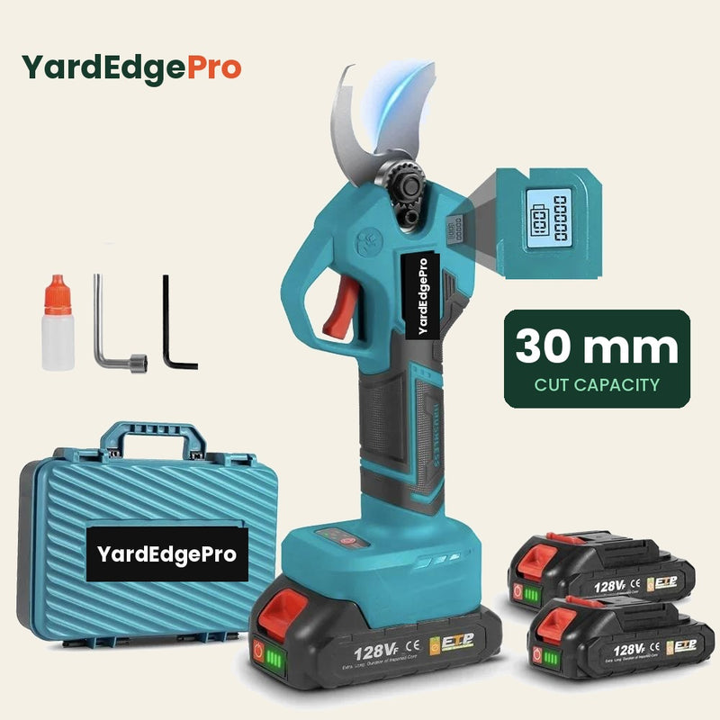 YardEdge Pro cordless pruning shears with a 30mm cutting capacity, shown with two battery packs and a carry case