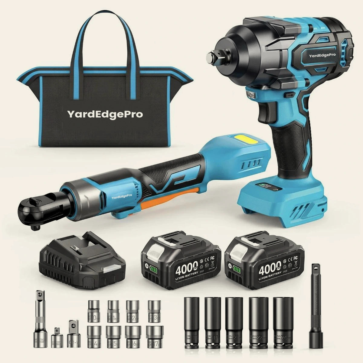 YardEdge Pro cordless impact wrench and extended ratchet wrench kit with two batteries, charger, sockets and carry case