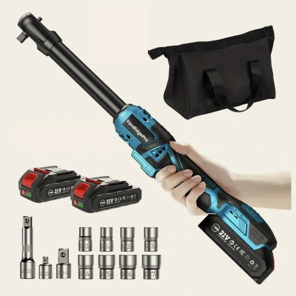 YardEdge Pro cordless extended ratchet wrench with its battery, charger and socket set laid out