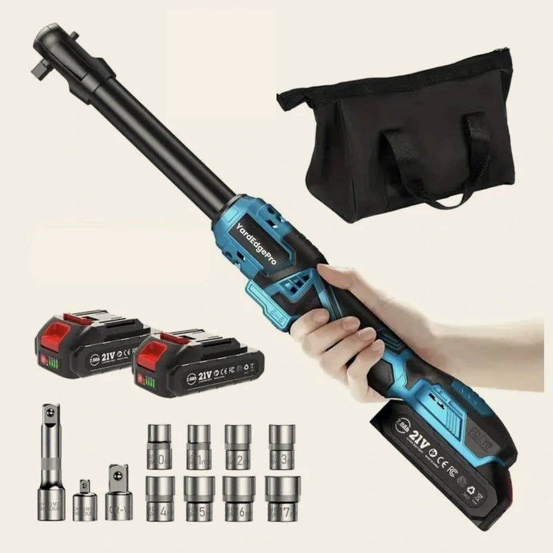 YardEdge Pro cordless extended ratchet wrench with its battery, charger and socket set laid out