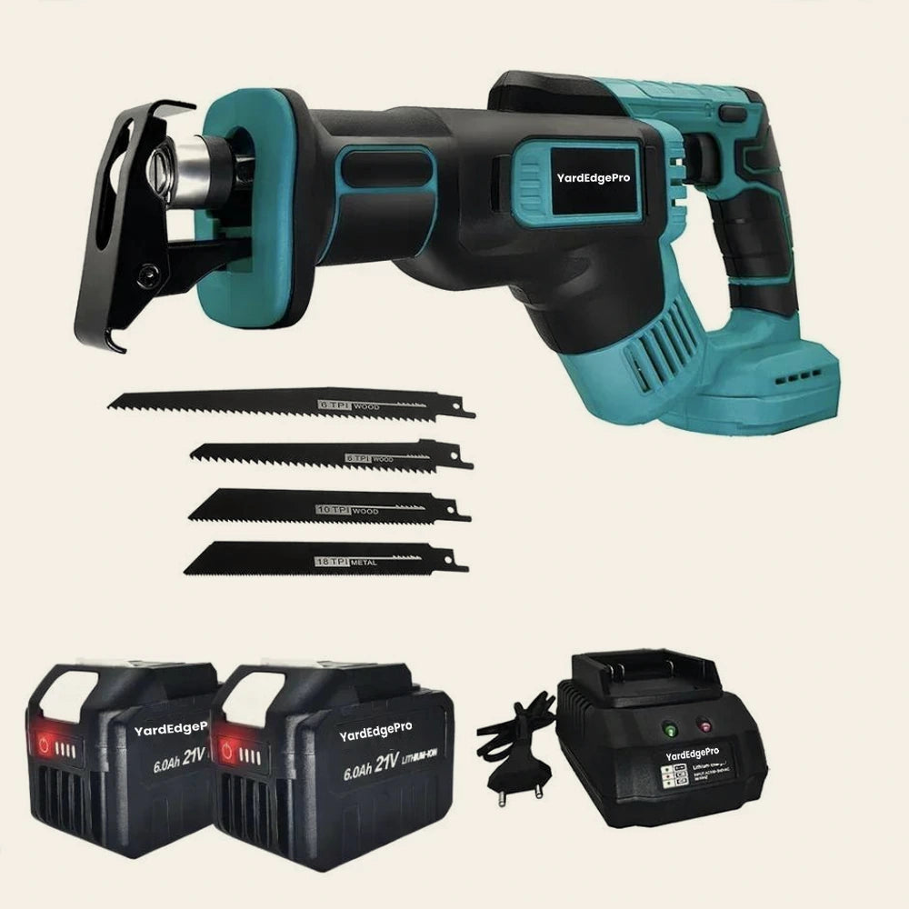YardEdge Pro reciprocating saw kit with four blades, 21V battery and charger